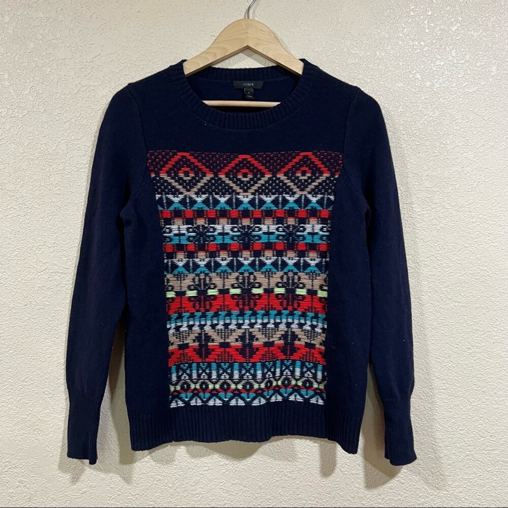 J. Crew navy blue crewneck fair isle geometric wool sweater
